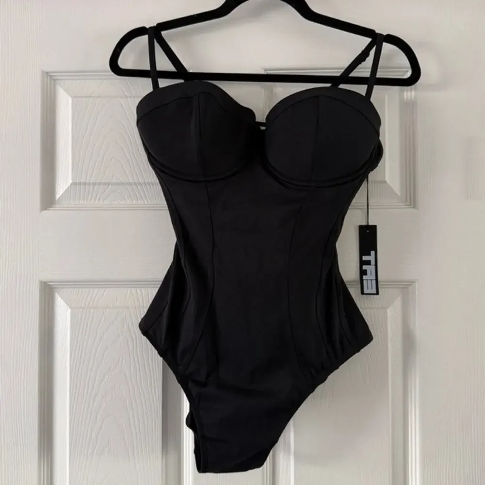 ta3 pushy one piece swimsuit black underwire padded women size medium short d/dd